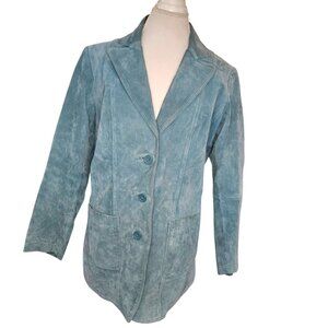Womens‎ Y2K XL Teal Slate Blue Suede Leather Jacket Lined 3 Button Pockets